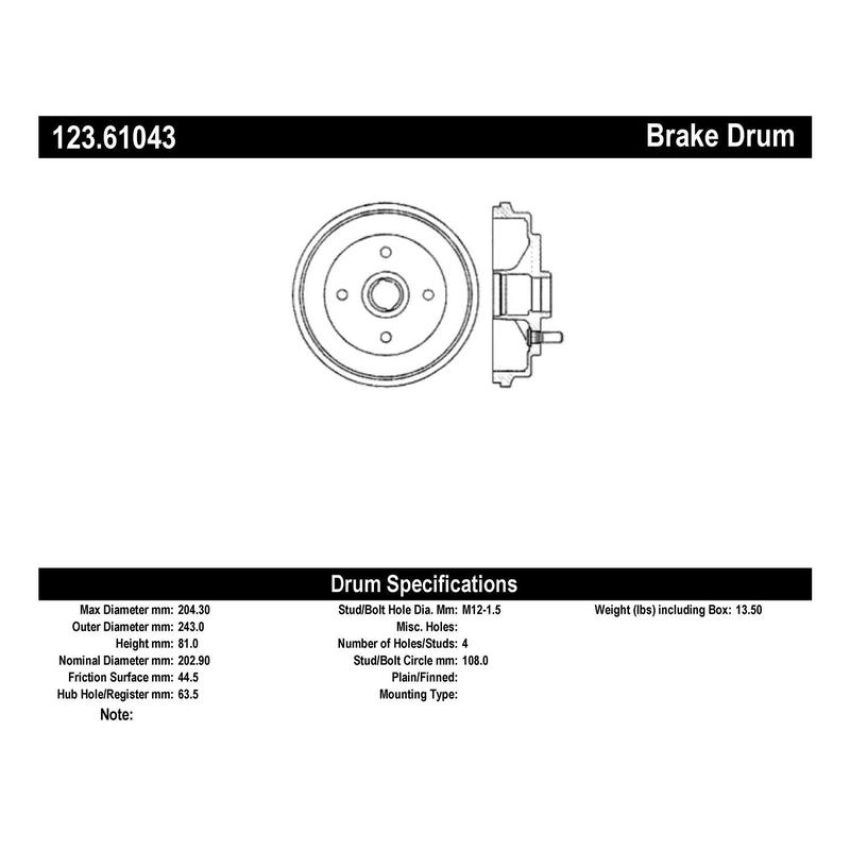 CENTRIC PARTS 123.61043 C-Tek Standard Brake Drum without Bearing