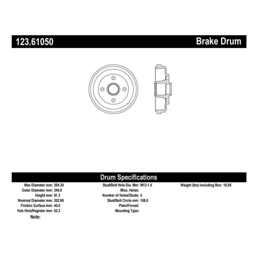 CENTRIC PARTS 123.61050 C-Tek Standard Brake Drum