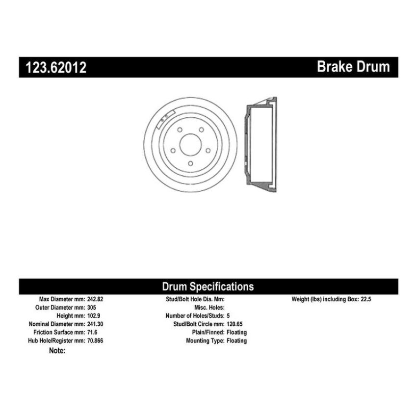 CENTRIC PARTS 123.62012 C-Tek Standard Brake Drum