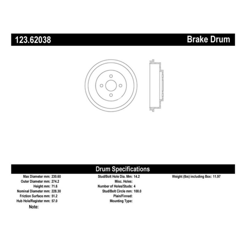 CENTRIC PARTS 123.62038 C-Tek Standard Brake Drum