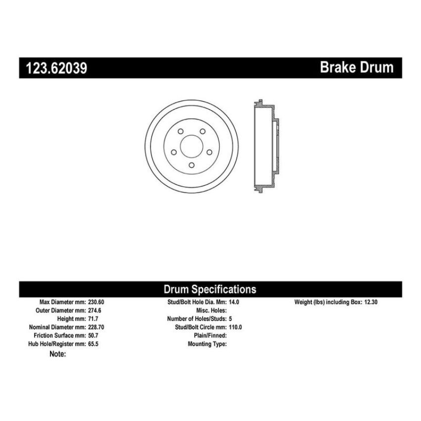 CENTRIC PARTS 123.62039 C-Tek Standard Brake Drum
