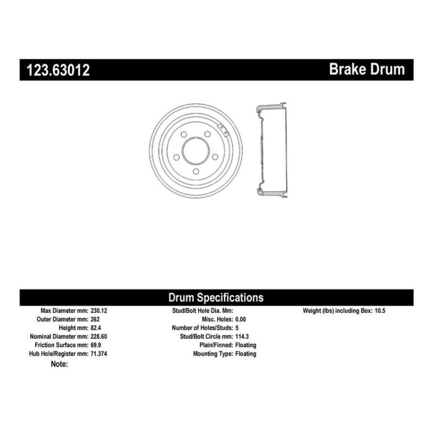 CENTRIC PARTS 123.63012 C-Tek Standard Brake Drum