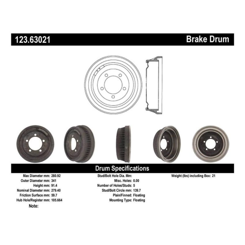 CENTRIC PARTS 123.63021 C-Tek Standard Brake Drum