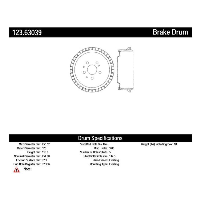 CENTRIC PARTS 123.63039 C-Tek Standard Brake Drum