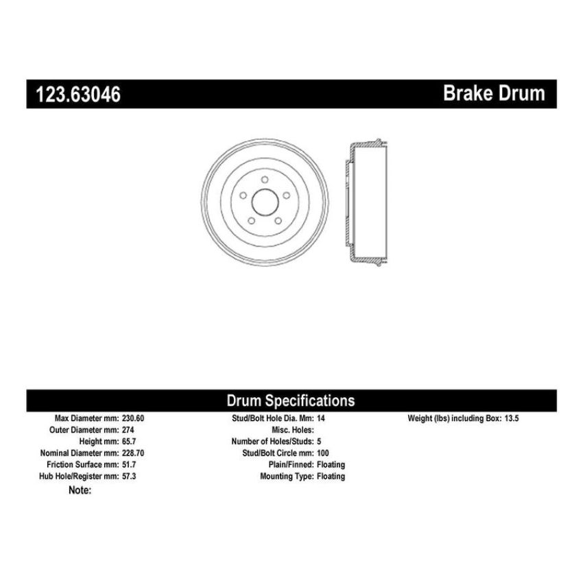 CENTRIC PARTS 123.63046 C-Tek Standard Brake Drum
