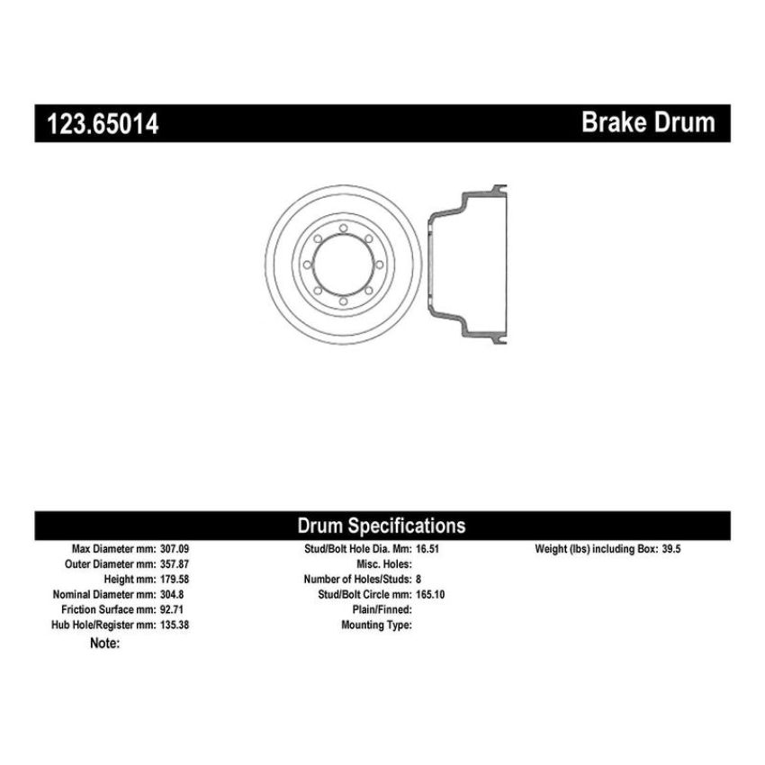CENTRIC PARTS 123.65014 C-Tek Standard Brake Drum