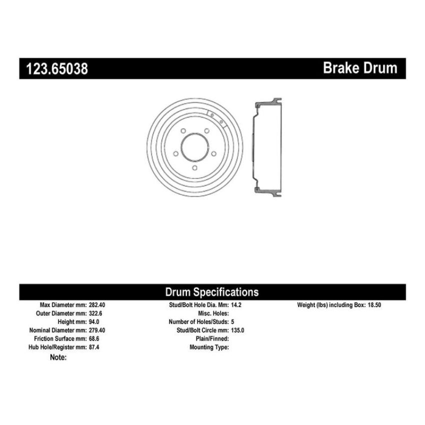 CENTRIC PARTS 123.65038 C-Tek Standard Brake Drum