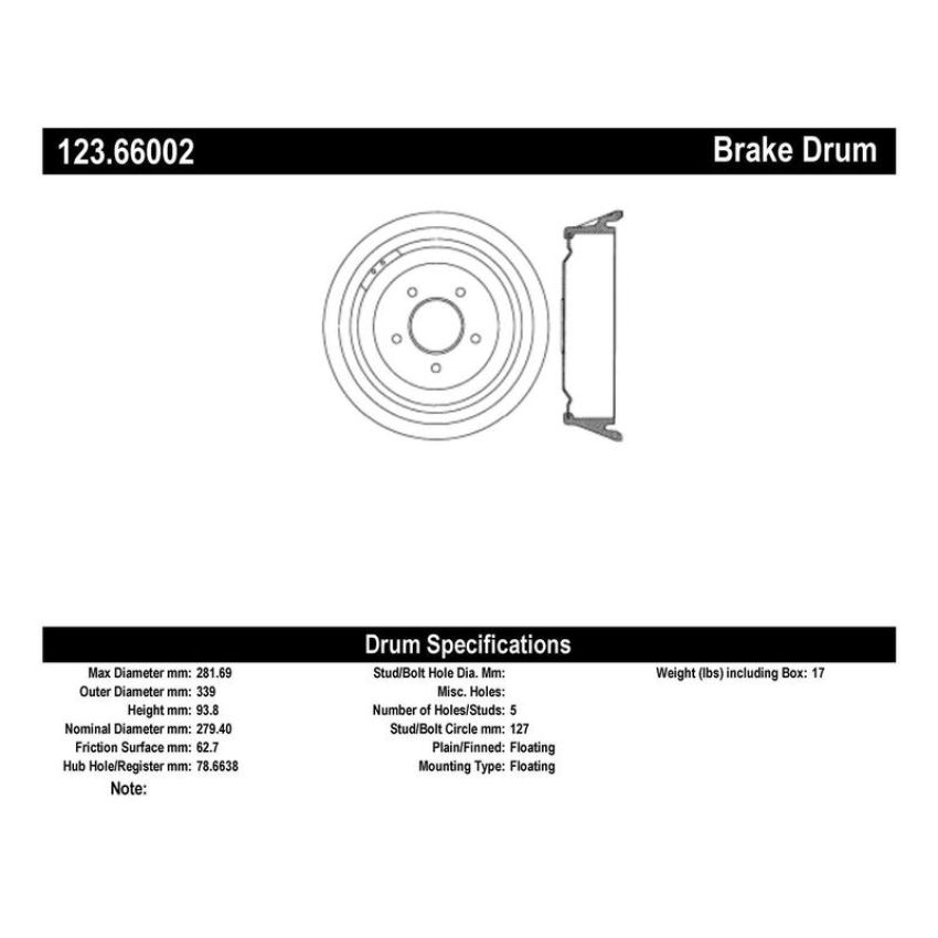 CENTRIC PARTS 123.66002 C-Tek Standard Brake Drum