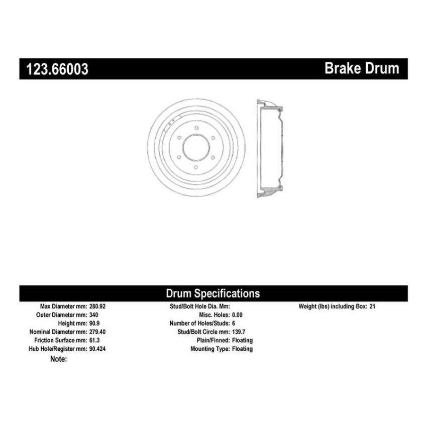 CENTRIC PARTS 123.66003 C-Tek Standard Brake Drum