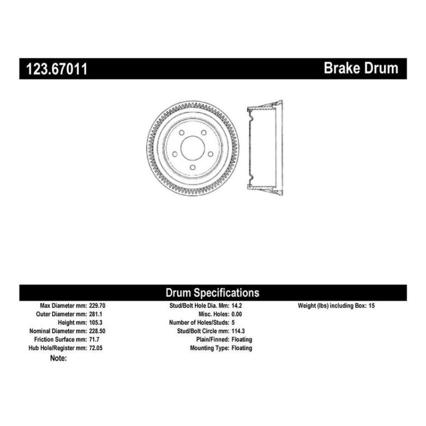 CENTRIC PARTS 123.67011 C-Tek Standard Brake Drum
