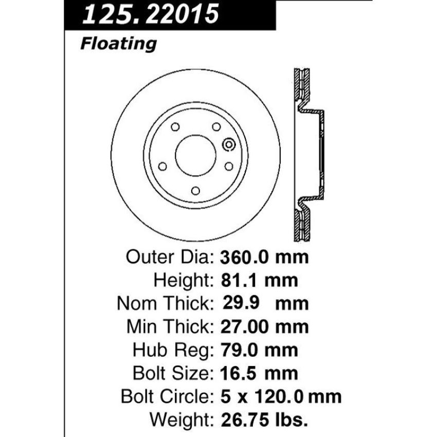 CENTRIC PARTS 125.22015 Centric Premium High Carbon Alloy Brake Rotor