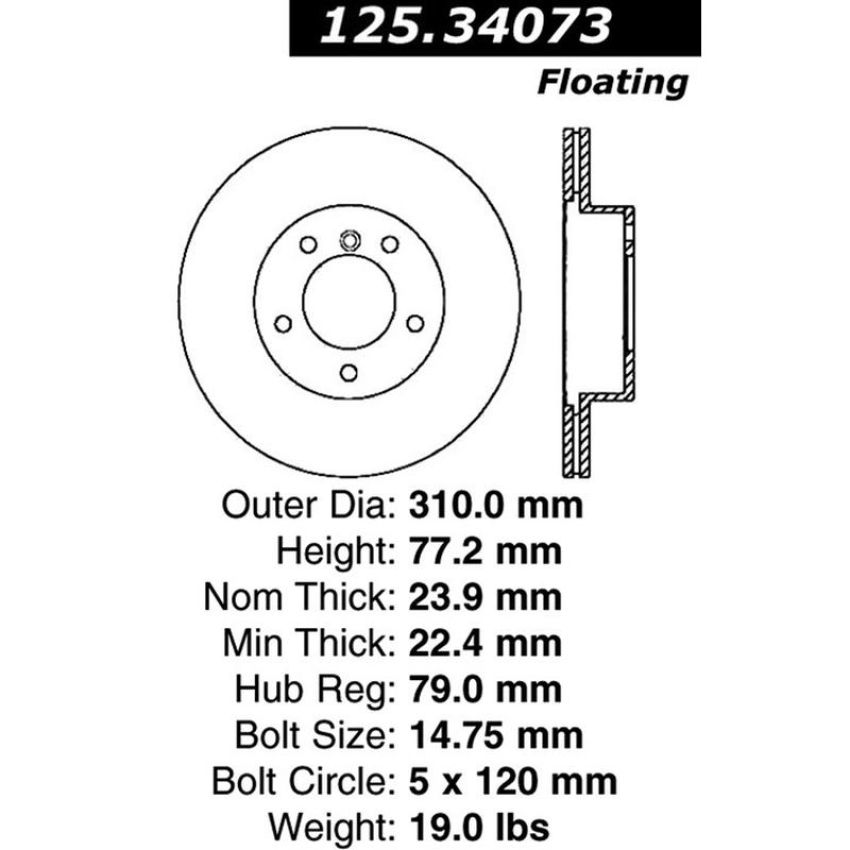 CENTRIC PARTS 125.34073 Centric Premium High Carbon Alloy Brake Rotor