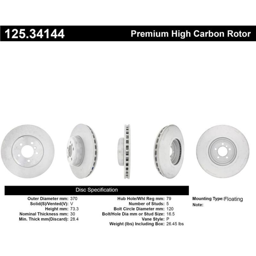 CENTRIC PARTS 125.34144 Centric Premium High Carbon Alloy Brake Rotor