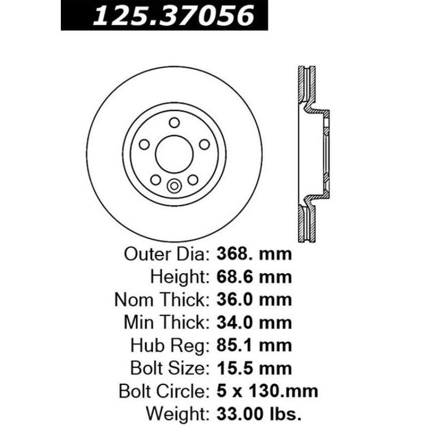 CENTRIC PARTS 125.37056 Centric Premium High Carbon Alloy Brake Rotor