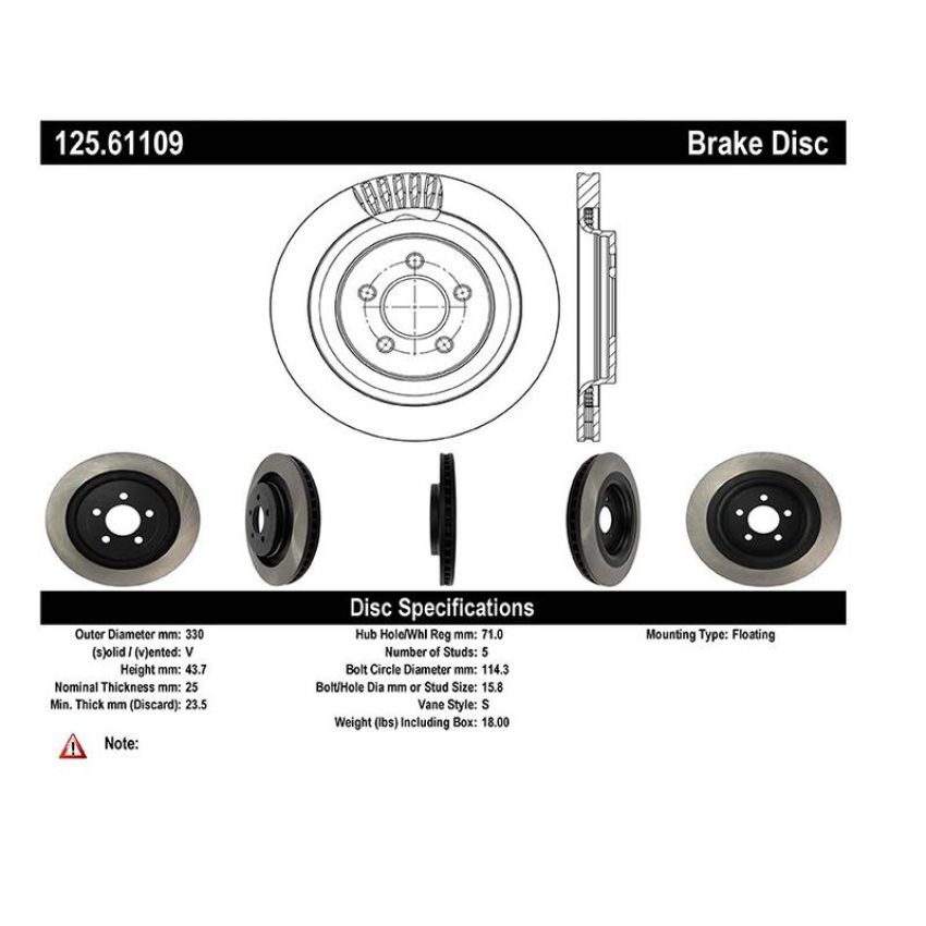 CENTRIC PARTS 125.61109 Centric Premium High Carbon Alloy Brake Rotor
