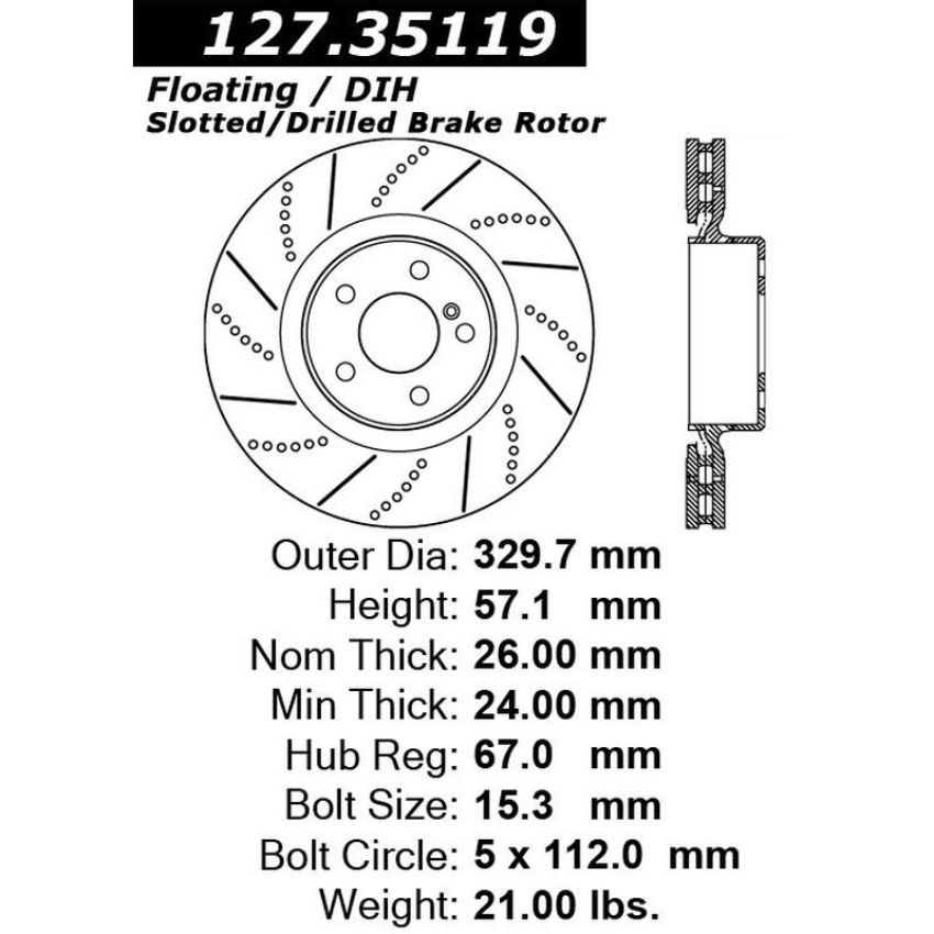 CENTRIC PARTS 127.35119 Centric Premium OE Style Drilled and Slotted Brake Rotor