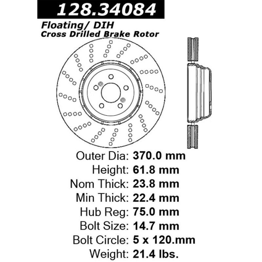 CENTRIC PARTS 128.34084 Centric Premium OE Style Drilled Brake Rotor