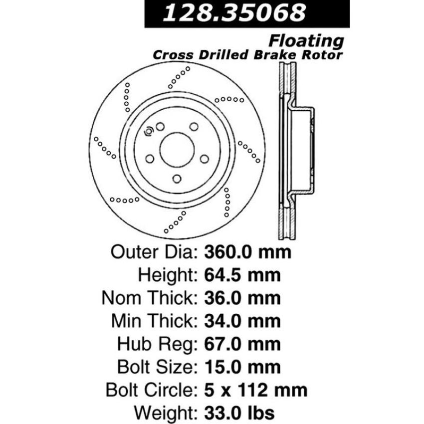 CENTRIC PARTS 128.35068 Centric Premium OE Style Drilled Brake Rotor
