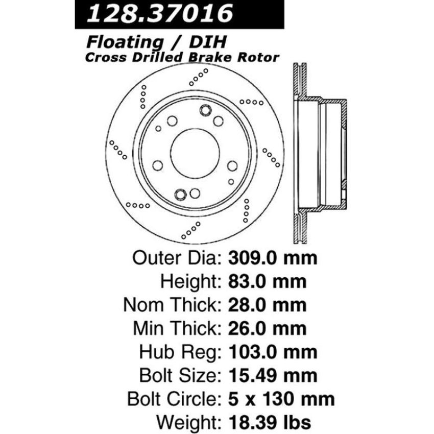 CENTRIC PARTS 128.37016 Centric Premium OE Style Drilled  Brake Rotor
