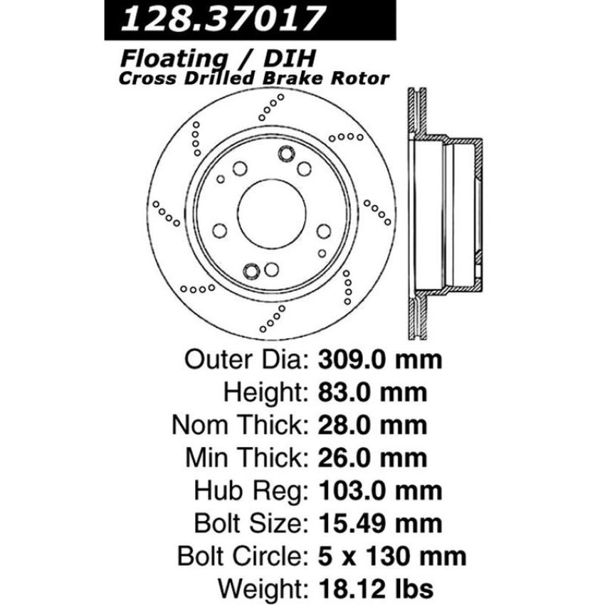 CENTRIC PARTS 128.37017 Centric Premium OE Style Drilled  Brake Rotor