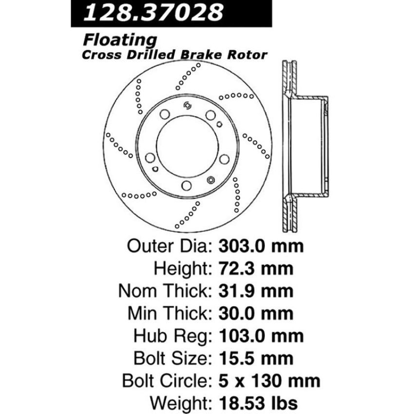 CENTRIC PARTS 128.37028 Centric Premium OE Style Drilled Brake Rotor
