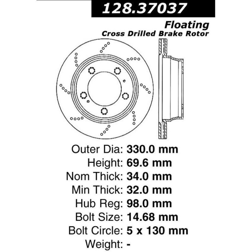 CENTRIC PARTS 128.37037 Centric Premium OE Style Drilled Brake Rotor