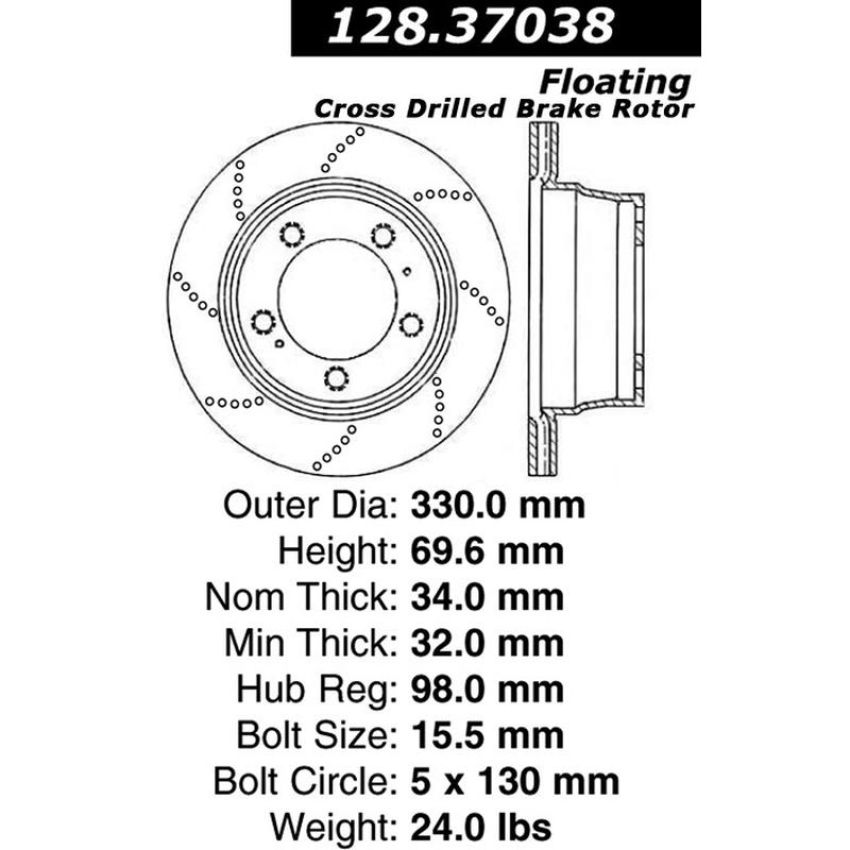 CENTRIC PARTS 128.37038 Centric Premium OE Style Drilled Brake Rotor