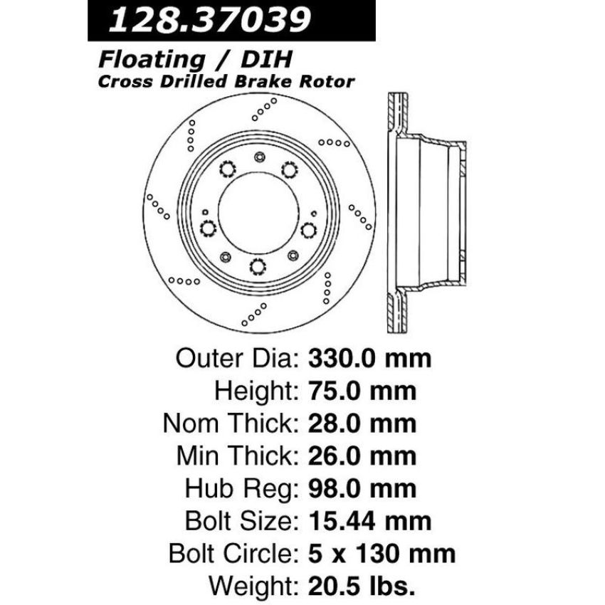 CENTRIC PARTS 128.37039 Centric Premium OE Style Drilled Brake Rotor