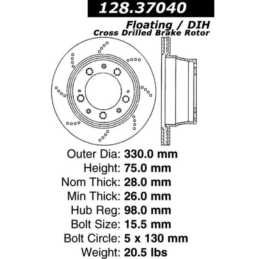 CENTRIC PARTS 128.37040 Centric Premium OE Style Drilled Brake Rotor