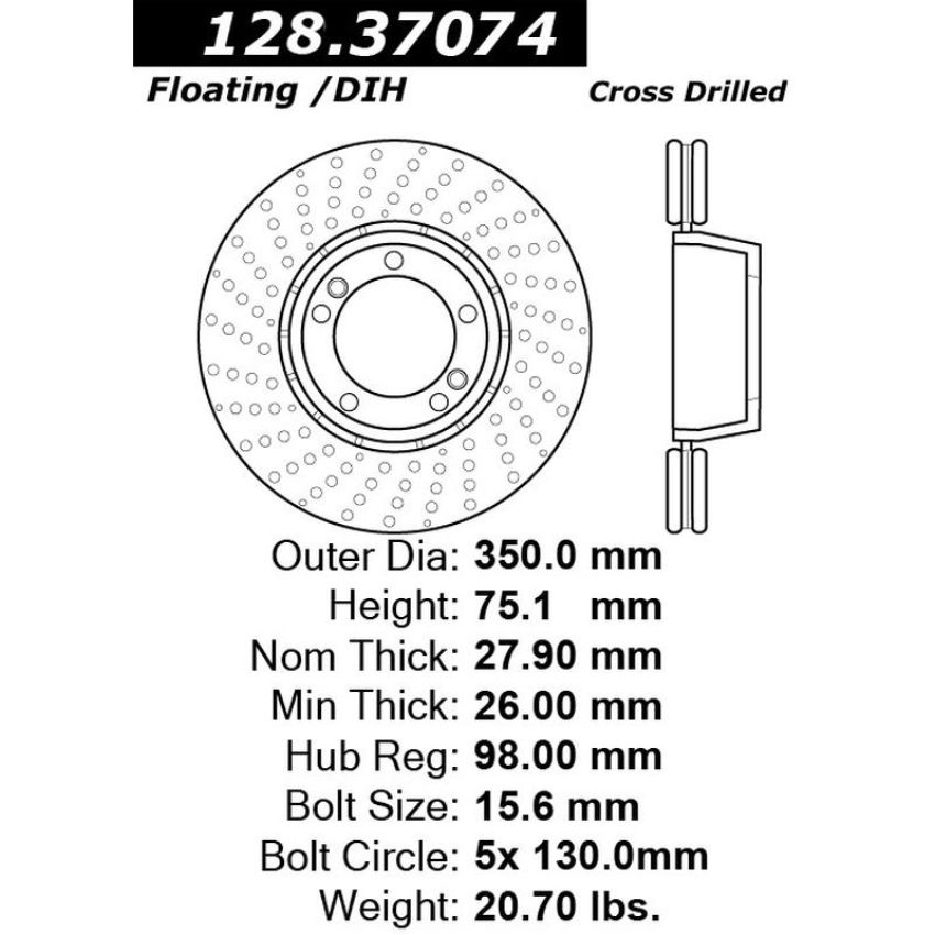 CENTRIC PARTS 128.37074 Centric Premium OE Style Drilled Brake Rotor