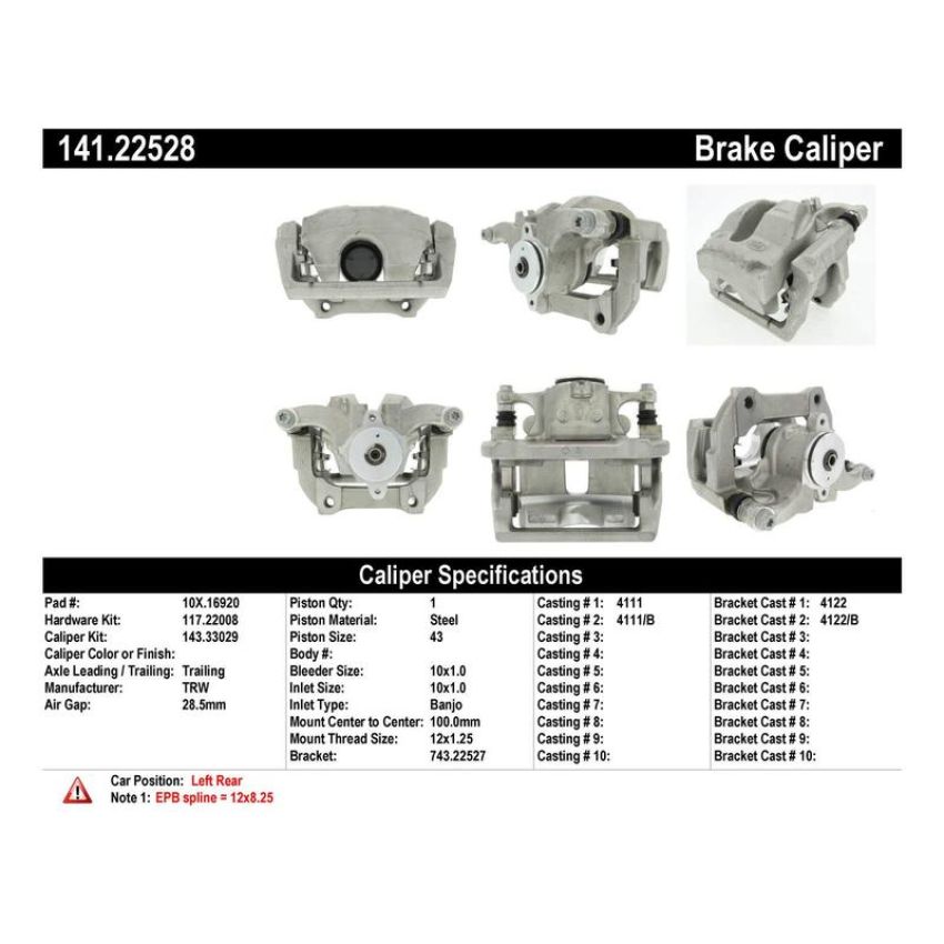 CENTRIC PARTS 141.22528 Centric Semi-Loaded Brake Caliper EPB