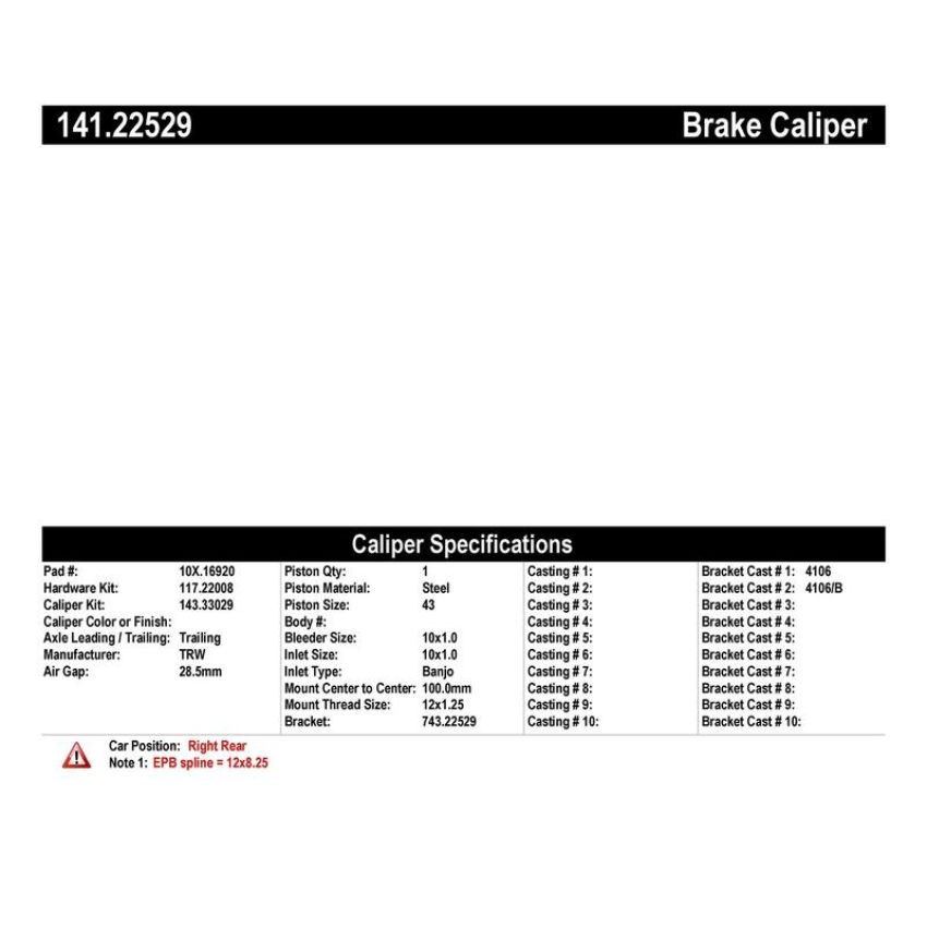 CENTRIC PARTS 141.22529 Centric Semi-Loaded Brake Caliper EPB