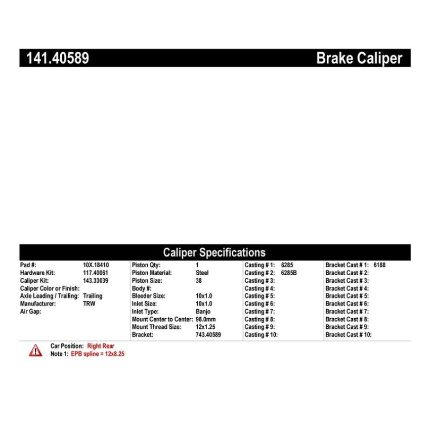 CENTRIC PARTS 141.40589 Centric Semi-Loaded Brake Caliper EPB