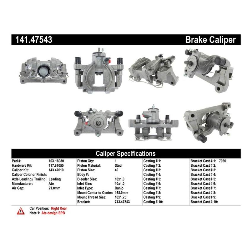 CENTRIC PARTS 141.47543 Centric Semi-Loaded Brake Caliper EPB