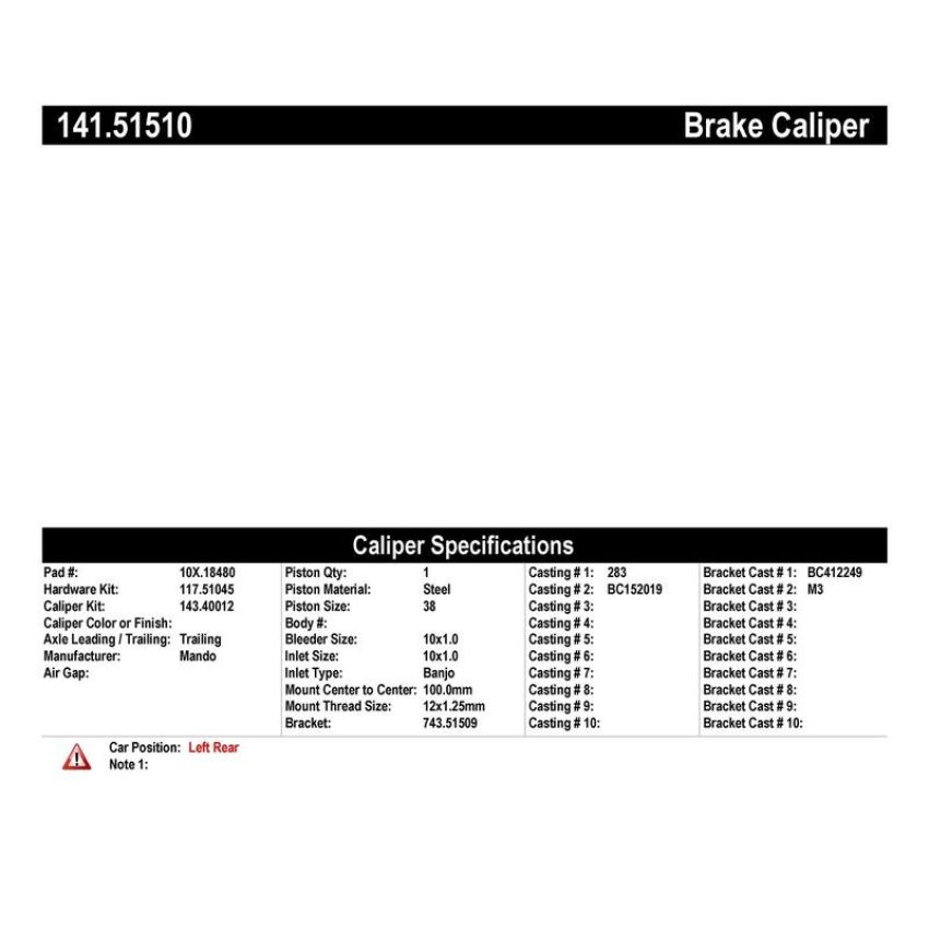 CENTRIC PARTS 141.51510 Centric Semi-Loaded Brake Caliper