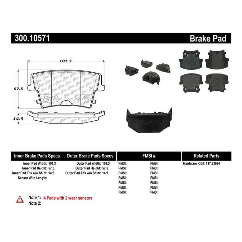 CENTRIC PARTS 300.10571 Centric Premium Semi-Metallic Brake Pads with Shims and Hardware