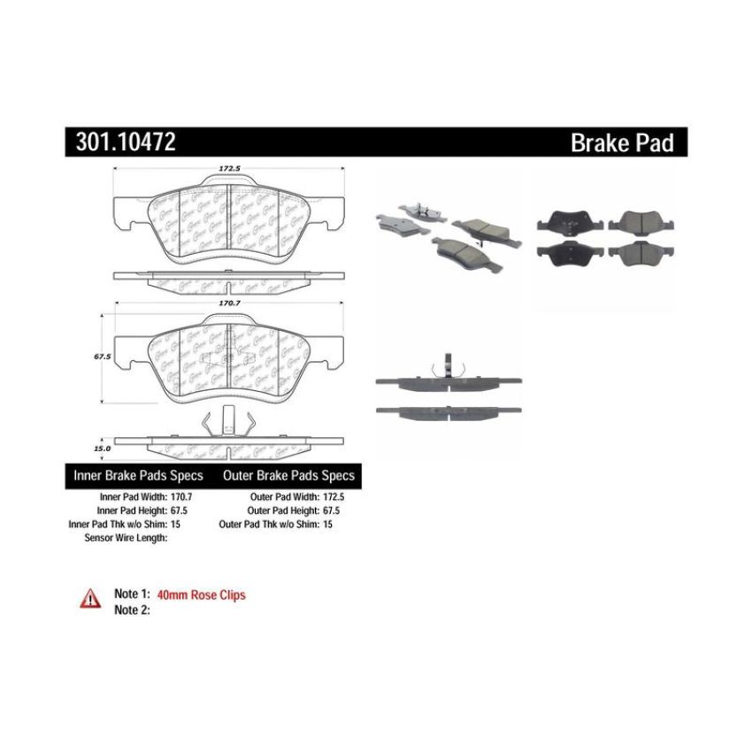 CENTRIC PARTS 301.10472 Centric Premium Ceramic Brake Pads with Shims and Hardware