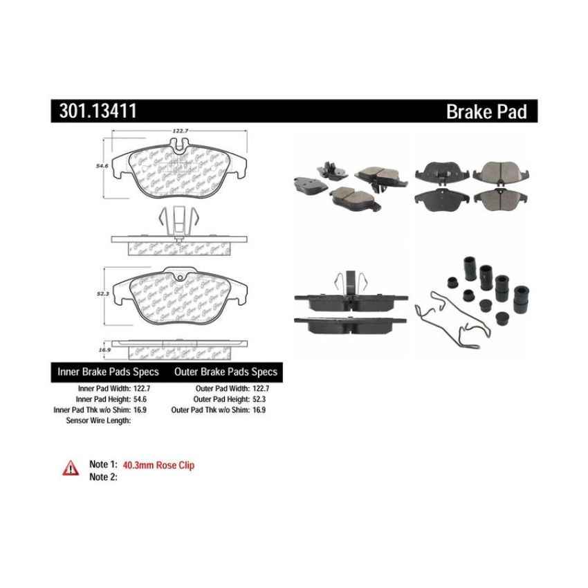 CENTRIC PARTS 301.13411 Centric Premium Ceramic Brake Pads with Shims and Hardware