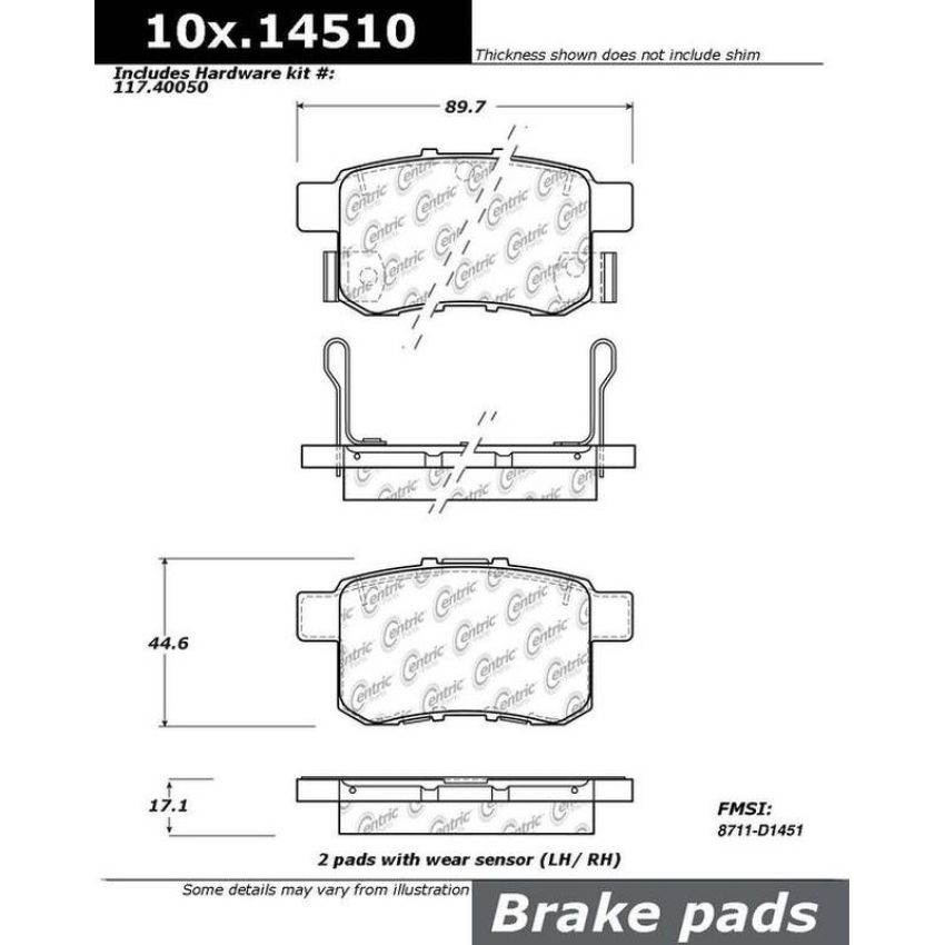 CENTRIC PARTS 301.14510 Centric Premium Ceramic Brake Pads with Shims and Hardware