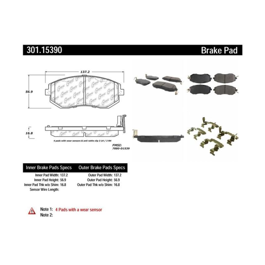 CENTRIC PARTS 301.15390 Centric Premium Ceramic Brake Pads with Shims and Hardware