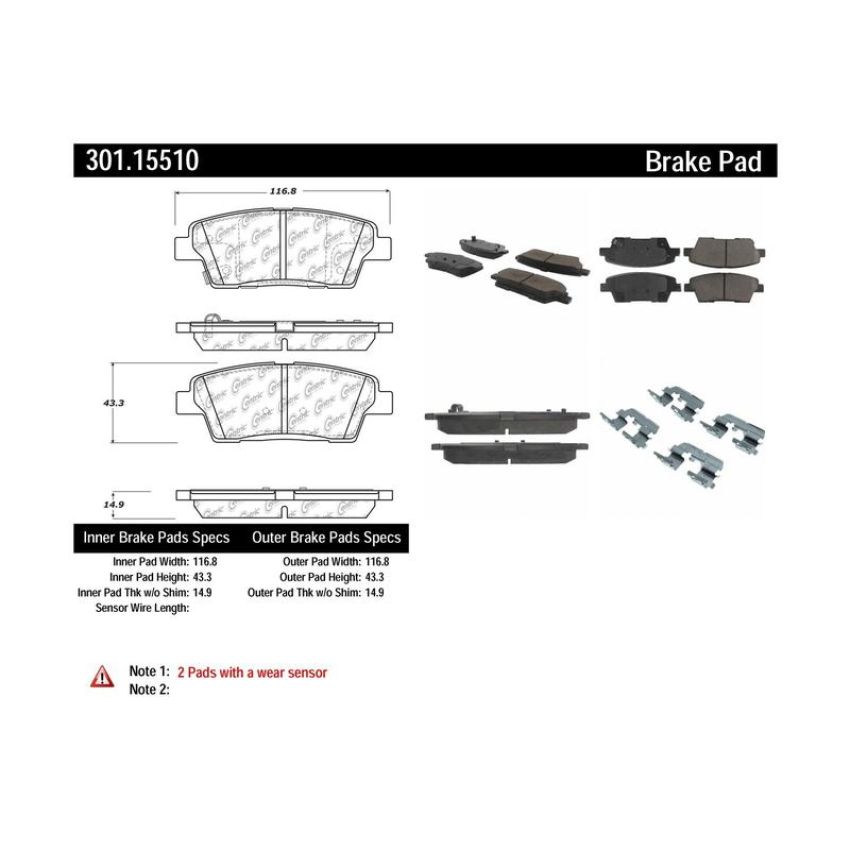 CENTRIC PARTS 301.15510 Centric Premium Ceramic Brake Pads with Shims and Hardware