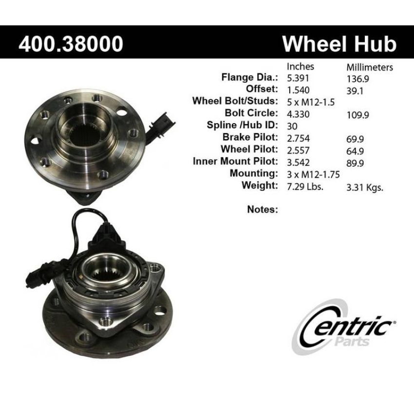 CENTRIC PARTS 400.38000E C-Tek Standard Hub and Bearing Assembly without ABS