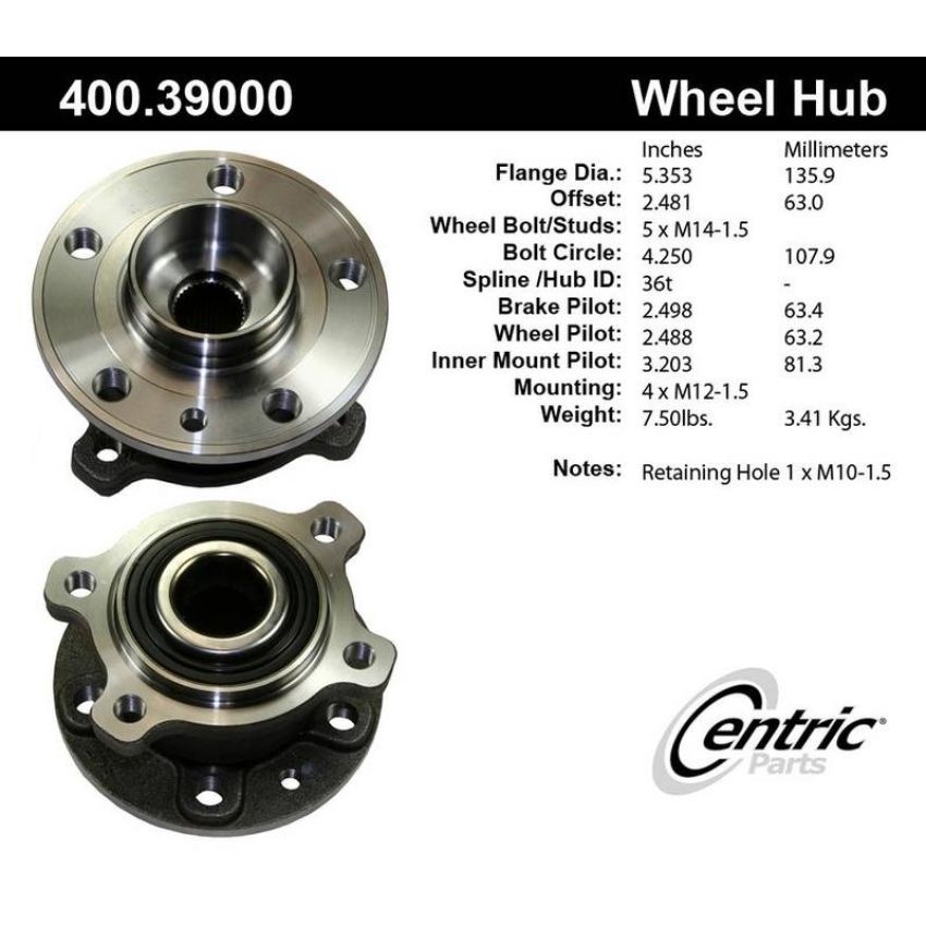 CENTRIC PARTS 400.39000 Centric Premium Hub and Bearing Assembly without ABS