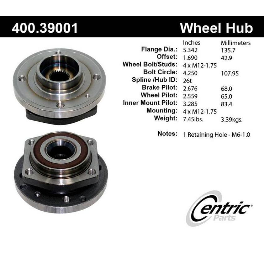 CENTRIC PARTS 400.39001 Centric Premium Hub and Bearing Assembly without ABS