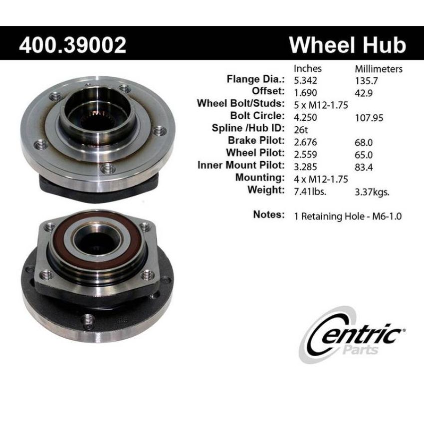 CENTRIC PARTS 400.39002 Centric Premium Hub and Bearing Assembly without ABS
