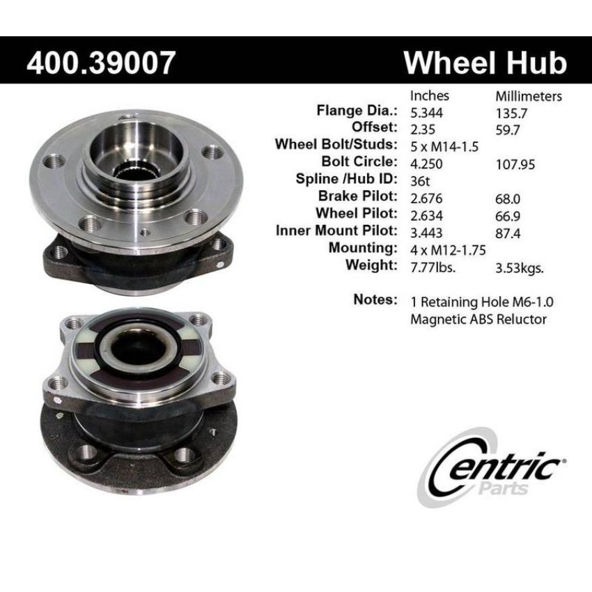 CENTRIC PARTS 400.39007 Centric Premium Hub and Bearing Assembly; With ABS