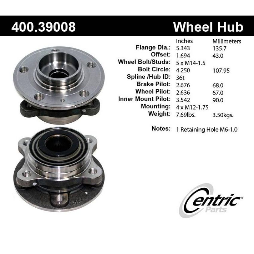 CENTRIC PARTS 400.39008 Centric Premium Hub and Bearing Assembly without ABS