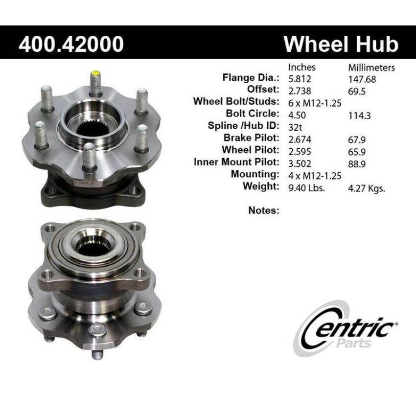 CENTRIC PARTS 400.42000 Centric Premium Hub and Bearing Assembly without ABS