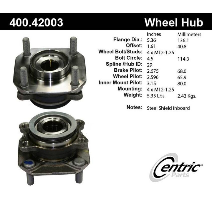 CENTRIC PARTS 400.42003 Centric Premium Hub and Bearing Assembly without ABS