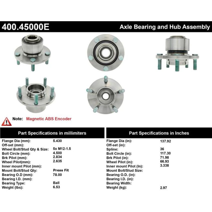 CENTRIC PARTS 400.45000E C-Tek Standard Hub and Bearing Assembly; With ABS